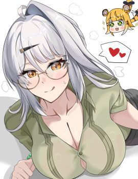  +_+ 2girls absurdres afterimage ahoge alternate_costume animal_ear_fluff animal_ears bead_bracelet beads blush bow bracelet breasts button_gap cleavage closed_mouth collarbone colored_inner_hair commentary_request fang glasses green_eyes green_shirt grey_hair hair_ornament hairclip heart highres jewelry ju_fufu large_breasts licking_lips long_hair looking_at_viewer motion_lines multicolored_hair multiple_girls open_mouth ouichi shirt simple_background single_hair_intake skin_fang sparkle spoken_heart steaming_body striped_fur striped_hair tail tail_bow tail_ornament tiger_ears tiger_girl tiger_tail tongue tongue_out white_background yellow_eyes yixuan_(zenless_zone_zero) zenless_zone_zero 