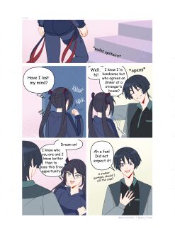  1boy 1girl absurdres alternate_costume alternate_universe aqua_eyes arms_at_sides arrow_(symbol) artist_name black_hair black_pantyhose black_ribbon black_shirt black_shorts black_sleeves blunt_ends breast_pocket casual clenched_hand collar collared_shirt contemporary english_text facing_another fingernails genshin_impact genshinribu green_collar grey_jacket grey_sleeves hair_ribbon hand_on_own_chest hand_up head_tilt highres jacket knocking lapels left-to-right_manga long_hair long_sleeves looking_at_another mid-stride mona_(genshin_impact) open_clothes open_jacket open_mouth pantyhose pocket red_ribbon ribbon scaramouche_(genshin_impact) shirt shorts sidelocks smile speech_bubble stairs thigh_strap tsurime twintails two-sided_ribbon undershirt white_mouth wispy_bangs 