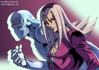 1boy 1other araki_hirohiko_(style) blue_lips blue_skin brown_hat coat colored_skin colorized commentary cross-laced_clothes drop_shadow english_commentary genda_art grey_hair hat hatching_(texture) instagram_username ishimoto_shun'ichi jojo_no_kimyou_na_bouken leone_abbacchio long_hair long_sleeves looking_at_viewer makeup male_focus moody_blues_(stand) official_style orange_eyes pectoral_cleavage pectorals pink_coat plunging_neckline spiked_hair stand_(jojo) twitter_username upper_body vento_aureo 