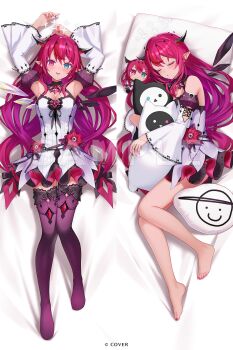  1girl :p armpits arms_up asymmetrical_wings bare_legs barefoot bed_sheet black_dress black_halo black_horns black_wings bloom_(irys) blue_eyes blush breasts brooch character_doll cleavage cleavage_cutout closed_eyes clothing_cutout commentary_request copyright_notice crystal_wings dakimakura_(medium) demon_horns detached_sleeves detached_wings diamond_cutout doll double-parted_bangs double_halo dress dress_flower earrings feet flower flower_brooch full_body gloom_(irys) gradient_hair guyrys hair_between_eyes halo heart heart_brooch heterochromia highres hololive hololive_english hololive_friends_(plush) horns hugging_doll hugging_object irys_(hololive) irys_(irys_2.0)_(hololive) jewelry juliet_sleeves layered_dress legwear_cutout long_hair long_sleeves looking_at_viewer low-tied_long_hair lying mismatched_wings momoshiki_tsubaki multicolored_hair multicolored_horns nail_polish no_legwear no_shoes official_art on_back on_bed on_side parted_lips pink_eyes pointy_ears puffy_sleeves purple_hair purple_skirt purple_thighhighs red_flower red_hair red_horns red_nails sample_watermark short_dress single_hair_streak skirt sleeping sleeveless sleeveless_dress star_halo streaked_hair thighhighs toenail_polish toenails toes tongue tongue_out two-tone_horns u_u very_long_hair virtual_youtuber watermark white_dress white_halo white_sleeves white_wings wide_sleeves wings zettai_ryouiki 