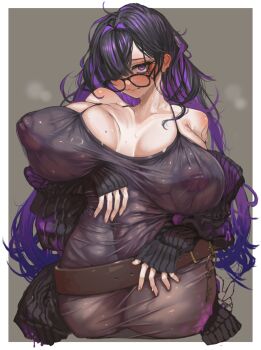  1girl bags_under_eyes black-framed_eyewear black_cardigan black_hair breasts cardigan colored_inner_hair commentary dress glasses goddess_of_victory:_nikke hair_over_one_eye highres huge_breasts impossible_clothes impossible_dress label_(nikke) long_hair multicolored_hair purple_eyes purple_hair rustycork see-through_clothes see-through_dress solo taut_clothes taut_dress tight_clothes tight_dress very_long_hair 