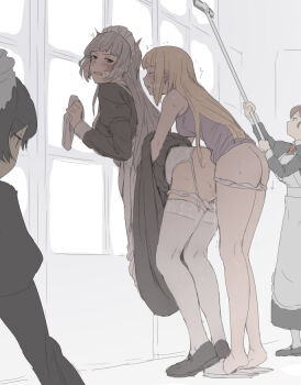 1futa 3girls annoyed ass bent_over blonde_hair blunt_bangs blush breasts cleaning cleaning_brush cleaning_windows clothed_sex clothes_lift cum cumdrip dress dress_lift from_behind futa_with_female futanari futanari-sama_(mdf_an) garter_belt garter_straps grey_hair grey_hair_maid_(mdf_an) hair_bun_maid_(mdf_an) hands_on_another's_hips height_difference implied_futanari large_breasts lifting_another's_clothes long_hair maid maid_headdress mdf_an medium_breasts multiple_girls original panties panty_pull public_use sex shoes short_hair_maid_(mdf_an) sidelocks slippers standing standing_sex sweat thighhighs underwear white_panties white_thighhighs window yuri rating:Explicit score:2095 user:danbooru