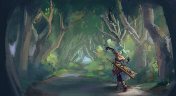  1girl animal_ear_fluff animal_ears arm_up black_gloves black_pantyhose brown_capelet brown_dress capelet cat_ears cat_girl commentary_request day dress forest full_body gloves green_hair hikari151 long_hair looking_at_viewer looking_back nature outdoors pantyhose path ragnarok_online road scabbard sheath sheathed solo sword swordsman_(ragnarok_online) twintails walking weapon 