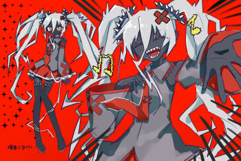  1girl absurdres black_shirt black_skin closed_eyes colored_skin commentary_request cosplay detached_sleeves full_body grey_hair hair_ornament hatsune_miku hatsune_miku_(cosplay) highres j-core japanese_stream_hardcore joe_faiko long_hair looking_at_viewer multiple_views music musical_note necktie open_mouth outstretched_hand punk red_background red_necktie red_skirt sharp_teeth shirt simple_background singing skirt sleeveless sleeveless_shirt sparkle teeth twintails upper_body very_long_hair vocaloid wusem0108 x_hair_ornament yellow_eyes 