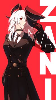  1girl absurdres alternate_costume armband belt belt_buckle black_coat black_gloves black_hat black_horns black_necktie breasts buckle buttons character_name choker coat collar_tabs collared_shirt commentary cowboy_shot curled_horns double-breasted english_commentary gloves grey_hair hair_between_eyes hat highres holding holding_unworn_clothes holding_unworn_hat horns jacket lapels large_breasts long_hair long_sleeves looking_at_viewer military_dress_uniform military_uniform nazi necktie open_mouth peaked_cap red_background red_eyes red_theme reichsadler shirt solo standing teeth totenkopf trench_coat unworn_hat unworn_headwear white_shirt wuthering_waves xuwasoo zani_(wuthering_waves) 