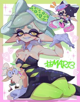  bare_shoulders beard black_dress black_hair black_romper black_shoes bow-shaped_hair callie_(splatoon) callie_(squid_sisters_outfit)_(splatoon) cap'n_cuttlefish chibi chibi_inset commentary_request detached_collar dress earrings facial_hair gloves green_pantyhose highres jewelry long_hair long_pointy_ears marie_(splatoon) marie_(squid_sisters_outfit)_(splatoon) medium_hair multicolored_hair nanimaroom nintendo open_mouth pantyhose pointy_ears red_shirt romper sharp_teeth shirt shoes short_eyebrows simple_background sitting_sideways smile splatoon_(series) spotted_hair star-shaped_pupils star_(symbol) symbol-shaped_pupils teeth tentacle_hair thick_eyebrows toeless_legwear two-tone_hair very_long_hair white_gloves white_hair 