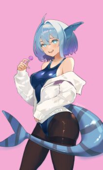  1girl absurdres aqua_eyes black_pantyhose candy chupa_chups fins fish_tail food highres indie_virtual_youtuber lollipop looking_at_viewer off_shoulder one-piece_swimsuit pantyhose rishe_(reeeeshe) shark_girl shark_tail swimsuit tail 