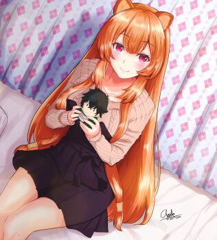  1girl agitofox alternate_costume animal_ear_fluff animal_ears artist_name black_skirt blunt_bangs blush breasts brown_hair brown_sweater character_doll closed_mouth collarbone commentary doll double-parted_bangs dutch_angle highres holding holding_doll iwatani_naofumi long_hair long_sleeves looking_at_viewer medium_breasts metal_hair_tubes miniskirt no_tail on_bed pleated_skirt raccoon_ears raccoon_girl raised_eyebrows raphtalia ribbed_sweater signature sitting skirt smile solo straight_hair sweater tate_no_yuusha_no_nariagari watermark 