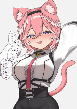  1girl absurdres animal_ear_fluff animal_ears arms_up black_gloves blush breasts cat_ears cat_girl cat_tail choker commentary_request fang gloves hairband head_wings high-waist_shorts highres hololive large_breasts long_sleeves looking_at_viewer necktie nekomata_okayu open_mouth pink_hair possessed purple_eyes shirt short_hair shorts smile solo speech_bubble tail takane_lui takane_lui_(1st_costume) virtual_youtuber white_shirt wings yomocha_skebmu_ji_zhong 