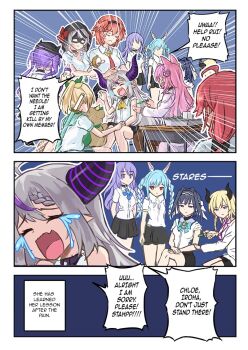  6+girls :> afterimage ahoge alternate_costume animal_ears arms_behind_back baby_bottle back black_choker black_hair black_hairband blonde_hair bottle bow braid breasts chain chair choker closed_eyes comic commentary crossed_legs crying demon_horns desk dog_ears don-chan_(usada_pekora) double_bun english_commentary english_text faceless faceless_female fang fishnet_thighhighs fishnets freeze-ex grey_hair hair_bun hair_intakes hairband hakui_koyori head_wings headpat holding holding_syringe hololive hololive_english hololive_indonesia horned_hat horns injection kazama_iroha la+_darknesss lab_coat large_breasts long_hair medium_breasts miniskirt moona_hoshinova multicolored_hair multiple_girls nan_hao_and_shang_feng ouro_kronii pink_hair pleated_skirt pointy_ears ponytail purple_eyes purple_hair rabbit_ears red_eyes sakamata_chloe sakura_miko school_desk school_uniform serafuku sheath sheathed single_thighhigh sitting skin_fang skirt small_breasts streaked_hair streaming_tears striped_horns sword sword_on_back syringe takane_lui tears thighhighs tokoyami_towa twin_braids twintails two-tone_hair usada_pekora virtual_youtuber weapon weapon_on_back white_hair wings yuzuki_choco 