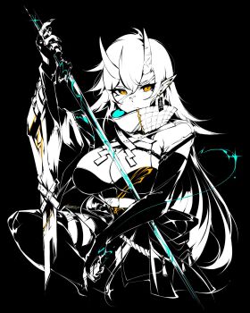  1girl akumi_(yoclesh) andyface breasts cleavage earrings fingerless_gloves gloves hair_between_eyes highres holding holding_sword holding_weapon horns indie_virtual_youtuber jewelry katana large_breasts long_hair looking_at_viewer oni partially_colored scar scar_on_arm scar_on_face scar_on_horns sitting sword very_long_hair virtual_youtuber weapon white_hair yellow_eyes 