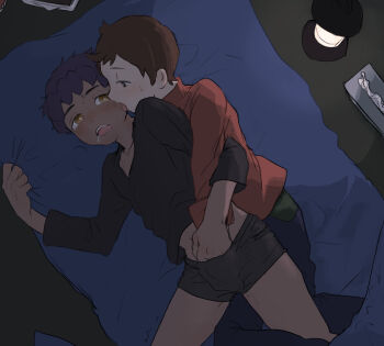  2boys bed_sheet black_shirt blush boxer_briefs bright_pupils commentary_request dark-skinned_male dark_skin from_above grey_boxer_briefs grey_male_underwear hand_up handjob highres hiragana_(maru_kaku) hop_(pokemon) interracial licking licking_another's_face lying male_focus male_underwear multiple_boys nintendo on_side open_mouth pants plaid pokemon pokemon_swsh purple_hair red_shirt sheet_grab shirt short_hair shota teeth tissue tissue_box tongue underwear upper_teeth_only victor_(pokemon) yaoi yellow_eyes  rating:Explicit score:127 user:danbooru