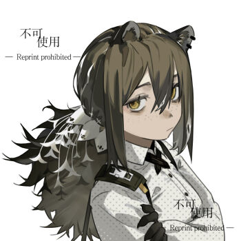  1girl animal_ear_piercing animal_ears animal_hands arknights bags_under_eyes black_cross_tie brown_hair collared_shirt commentary_request cross_tie freckles hair_between_eyes highres long_hair long_sleeves longshengyan looking_at_viewer polka_dot polka_dot_shirt ponytail raccoon_ears raccoon_girl robin_(arknights) shirt simple_background solo white_background white_shirt yellow_eyes 
