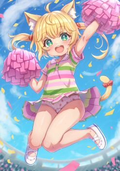  1girl :d absurdres ahoge animal_ear_fluff animal_ears bare_legs blonde_hair bow cat_ears cat_girl cat_tail collared_dress commentary_request commission dress food_print fruit_print full_body green_dress green_eyes hair_bobbles hair_ornament highres holding holding_pom_poms loli long_hair multicolored_dress open_mouth original panties pantyshot pink_dress pixiv_commission pom_pom_(cheerleading) pom_poms print_panties red_bow shoes short_sleeves smile solo strawberry_panties strawberry_print striped_clothes striped_dress tail tail_bow tail_ornament teeth twintails underwear upper_teeth_only upskirt variant_set white_panties white_shoes yellow_dress zusshii_(libertasgenesis)  rating:Sensitive score:55 user:danbooru