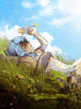  1girl armpits arms_up bare_shoulders blue_hair blue_sky breasts bug butterfly butterfly_on_hand closed_eyes clothing_cutout cloud commentary detached_sleeves english_commentary flower_hairpin from_side gloves grass hair_ornament hairpin highres insect lying mole mole_on_shoulder on_back on_grass outdoors parted_lips qurravis see-through_dress_layer seed_(zenless_zone_zero) side_cutout sky small_breasts solo thigh_cutout white_gloves zenless_zone_zero 