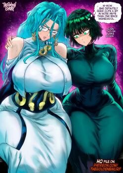  2girls blue_hair breasts closed_eyes curvy dress earrings female_focus fubuki_(one-punch_man) glasses green_eyes green_hair hand_on_another's_shoulder huge_breasts jewelry long_hair matching_hair/eyes multiple_girls one-punch_man psykos short_hair sitting skin_tight speech_bubble sweat the_golden_smurf thick_thighs thighs thought_bubble wide_hips  rating:Sensitive score:14 user:catonfire26