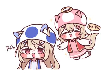  2girls =_= animal_ear_fluff animal_ears bandaid bandaid_hair_ornament blonde_hair blush_stickers chibi chibi_only cosplay dog_ears dog_girl dog_tail double-parted_bangs dress ears_through_headwear english_text engrish_text floating fuwawa_abyssgard hair_between_eyes hair_ornament hairclip halo highres hololive hololive_english long_hair looking_at_animal mario_(series) mming_(mmingis18) mococo_abyssgard multicolored_hair multiple_girls mushroom_hat nintendo parallel_hairclips pink_streaks raised_inner_eyebrows ranguage red_eyes short_dress short_hair siblings simple_background sisters sparkle speech_bubble streaked_hair super_mario_bros._wonder tail toad_(mario) toad_(mario)_(cosplay) toadette toadette_(cosplay) traditional_halo twins two_side_up v-shaped_eyebrows virtual_youtuber white_background x_hair_ornament 