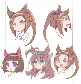  >:) 3girls :d ahoge animal_ears beer_hsk blue_eyes brown_hair closed_mouth commentary_request cropped_shoulders flower-shaped_pupils forehead grey_hairband hair_between_eyes hair_ornament hairband hairclip horse_ears long_hair mihono_bourbon_(umamusume) multiple_girls nishino_flower_(umamusume) open_mouth pink_hairband ponytail profile purple_eyes sakura_bakushin_o_(umamusume) school_uniform sidelocks smile symbol-shaped_pupils tracen_school_uniform umamusume v-shaped_eyebrows white_background x_hair_ornament 