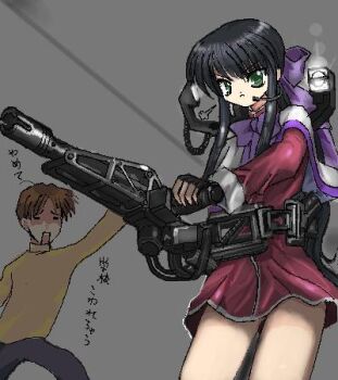  1boy 1girl aizawa_yuuichi alien_(series) aliens_(1986) arm_up black_hair borrowed_weapon bow bowtie brown_hair capelet caseless_firearm closed_mouth commentary_request dress electronic_firearm frown furrowed_brow glaring green_eyes grey_background gun hair_bow headset heavy_machine_gun holding holding_gun holding_weapon kanon kawasumi_mai long_hair looking_at_viewer lowres m56_smartgun machine_gun oekaki puff_of_air purple_bow purple_bowtie red_dress serious short_dress short_hair shoulder_lamp simple_background standing sweater toshi_(little-fluffy-cloud) translation_request v-shaped_eyebrows weapon white_capelet yellow_sweater 