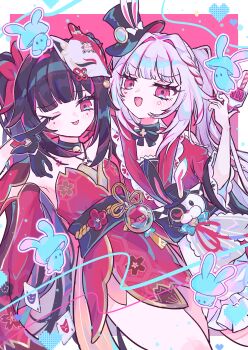  2girls absurdres aha_(honkai:_star_rail) armpits bell bismas_bi black_gloves black_hat blunt_bangs braid breasts butterfly-shaped_pupils choker clothing_cutout club_(shape) commentary_request detached_sleeves diamond_(shape) diamond_facial_mark diamond_on_cheek facial_mark flower frilled_sleeves frills gloves gun hair_intakes hat hat_ornament heart heart_facial_mark heart_on_cheek heart_print highres holding holding_gun holding_weapon honkai:_star_rail honkai_(series) long_hair mark_under_both_eyes mini_hat mini_top_hat multicolored_hair multiple_girls o-ring o-ring_choker obi one_eye_closed open_mouth pink_background pink_eyes plum_blossoms poker rabbit_ear_headwear rabbit_hat_ornament sash shoulder_cutout single_glove sparkle_(honkai:_star_rail) sparxie_(honkai:_star_rail) standing streaked_hair symbol-shaped_pupils thumbs_up_emoji tongue tongue_out top_hat twintails very_long_hair water_balloon water_yoyo weapon white_hair 