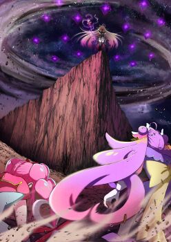  3girls absurdres ahoge akechi_anna antenna_hair attack battle black_bow black_capelet black_dress black_thighhighs blonde_hair bow braid brooch capelet cliff commentary cure_answer cure_arcana_shadow cure_mystique debris diamond_hairband double_bun dress electricity energy_ball fighting fingerless_gloves frilled_capelet frills gloves gradient_hair hair_bow hair_bun hair_intakes hair_ornament heart heart_brooch highres holding holding_staff hshs-965 impossible_hair jewelry kobayashi_mikuru leaning_forward long_hair looking_at_another magical_girl meitantei_precure! moria_luluka multicolored_hair multiple_girls outdoors pink_capelet pink_dress pink_hair precure purple_bow purple_capelet purple_dress purple_hair purple_veil red_bow red_eyes short_dress staff standing storm tear_arcana_rod thighhighs twin_braids veil very_long_hair whirlwind wind wing_hair_ornament 