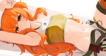  1girl animal_ears armpits arms_up belt blush breasts closed_mouth commission crop_top green_belt hair_between_eyes highres horse_ears horse_girl long_hair looking_at_viewer lying mayano_top_gun_(scramble_zone)_(umamusume) mayano_top_gun_(umamusume) midriff navel on_back open_clothes open_fly open_shorts orange_eyes orange_hair orange_tank_top short_shorts shorts small_breasts solo stomach tank_top thighs two_side_up umamusume v-shaped_eyebrows white_shorts yoako 