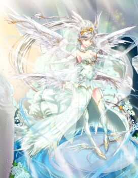  1girl absurdly_long_hair braid breasts brown_eyes cleavage dress elbow_gloves female_focus gloves grey_hair hair_ornament long_hair looking_at_viewer medium_breasts original solo strapless strapless_dress thighhighs very_long_hair white_gloves white_thighhighs white_wings wings yamaneko 