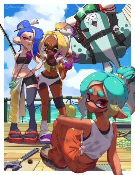  big_man_(splatoon) big_man_(splatoon_raiders) blonde_hair blue_hair colored_eyelashes colored_fingertips commentary_request crop_top dark_skin frye_(splatoon) frye_(splatoon_raiders) highres inkling long_pointy_ears mechanic_(splatoon_raiders) nanimaroom nintendo octoling one_eye_closed orange_eyes orange_pants pants piercing pointy_ears red_eyes sandals shiver_(splatoon) shiver_(splatoon_raiders) short_eyebrows smile splatoon_(series) splatoon_raiders tank_top thick_eyebrows thighhighs wrench 