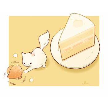  1other cake cat chai_(drawingchisanne) commentary_request food fruit no_humans original signature solo strawberry strawberry_shortcake undersized_animal white_fur yellow_background 