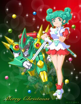  1girl aqua_hair artist_name chou_mashin_eiyuuden_wataru chou_mashin_eiyuuden_wataru_another_step christmas commentary_request dated dress frilled_dress frills full_body genjinmaru_sakuya_version gloves green_eyes hand_on_own_hip hand_up highres holding holding_sword holding_weapon index_finger_raised katana mashin_eiyuuden_wataru mecha merry_christmas microdress mizutani_kenta puffy_short_sleeves puffy_sleeves red_shirt red_shorts red_socks robot sash shinobibe_sakuya shirt shoes short_hair short_shorts short_sleeves shorts shorts_under_dress socks sparkle standing sword sword_on_back weapon weapon_on_back white_gloves white_sash white_shoes 