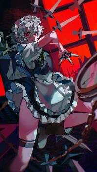  1girl absurdres apron between_fingers boots bow braid brown_boots closed_mouth commentary green_bow grey_hair hair_between_eyes hair_bow highres holding holding_knife izayoi_sakuya knife knives_between_fingers leg_up long_hair looking_at_viewer maid_headdress pocket_watch puffy_short_sleeves puffy_sleeves red_eyes rkdhs0916 short_sleeves solo thigh_strap touhou waist_apron watch white_apron 