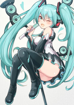  1girl ;d aqua_belt aqua_eyes aqua_hair aqua_necktie aqua_trim ass belt black_skirt black_sleeves blush breasts collared_shirt commentary_request grey_shirt hair_between_eyes hair_ornament hatsune_miku highres holding holding_stick long_hair long_sleeves music necktie one_eye_closed open_mouth pariya_0001 pleated_skirt shirt sideboob singing skirt sleeveless sleeveless_shirt small_breasts smile solo stick straight_hair thighhighs twintails very_long_hair vocaloid white_background zettai_ryouiki  rating:Sensitive score:5 user:RomanticDevil