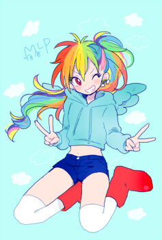  1girl blue_hoodie blue_shorts boots commentary_request cropped_hoodie double_v earrings grin hood hood_down hoodie jewelry long_hair looking_at_viewer midriff multicolored_hair my_little_pony my_little_pony:_friendship_is_magic navel one_eye_closed personification pink_eyes ponytail rainbow_dash rainbow_earrings rainbow_hair red_boots shorts sitting smile solo thighhighs tmrn v wariza white_thighhighs wings 