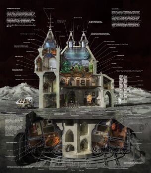  absurdres air_conditioner algae arch basement bathroom bed book bookshelf chamber_pot chandelier cross-section electric_panel english_text gas_cylinder greenhouse highres hill house industrial_pipe living_room moon motor_vehicle original people plant scenery sink space spiral_staircase stairs table underground van ventilation_shaft water whaleoil window wooden_door wooden_floor wooden_table  rating:General score:3 user:danbooru