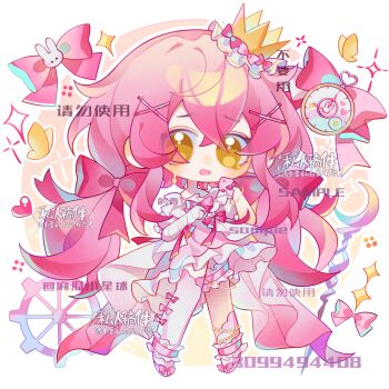  1girl asymmetrical_legwear bandages blush_stickers bow bug butterfly chibi chinese_text clock crown dress dress_bow eyelashes footwear_bow frilled_dress frilled_thigh_strap frills full_body gloves hair_bow hair_ornament hairclip heart highres insect long_hair looking_at_viewer low_twintails maguaxiaoxingqiu mini_crown multiple_hair_bows open_mouth original pink_bow pink_dress pink_hair pink_socks puffy_short_sleeves puffy_sleeves red_bow ribbon sample_watermark short_dress short_sleeves single_sock single_thighhigh socks solo sparkle thigh_strap thighhighs too_many_watermarks twintails very_long_hair watermark weibo_username weibo_watermark white_background white_dress white_gloves white_socks x_hair_ornament yellow_eyes 