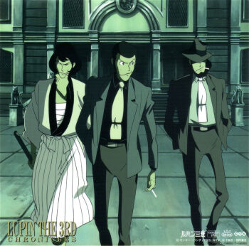  1997 3boys arsene_lupin_iii black_hair chest_sarashi cigarette closed_eyes fedora game_console hakama hakama_skirt hat highres holding holding_sword holding_weapon ishikawa_goemon_xiii jacket japanese_clothes jigen_daisuke looking_at_another lupin_iii monochrome multiple_boys necktie official_art pants sarashi sega_saturn short_hair skirt smoking suit_jacket sword video_game walking_away weapon 
