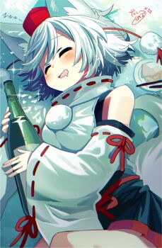  1girl absurdres animal_ear_fluff animal_ears black_skirt blush bottle breasts closed_eyes commentary_request detached_sleeves drooling grey_hair hat highres holding holding_bottle inubashiri_momiji lying mouth_drool on_side open_mouth plate pokopoko_ponzu pom_pom_(clothes) red_hat ribbon-trimmed_sleeves ribbon_trim signature skirt small_breasts smile solo sparkle tail tokin_hat touhou wolf_ears wolf_girl wolf_tail zzz 