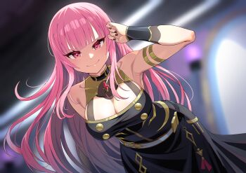  1girl absurdres armlet armpits bare_shoulders black_dress black_nails blurry blurry_background blush breasts cleavage collarbone dress dutch_angle haku_rege highres hololive hololive_english indoors jewelry large_breasts leaning_forward mori_calliope mori_calliope_(1st_costume) nail_polish pink_eyes pink_hair smile solo virtual_youtuber wristband 