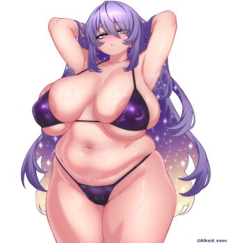  1girl absurdres alkaid_exec areola_slip armpits arms_behind_head arms_up bikini blonde_hair blush breasts breasts_apart bright_pupils cameltoe collarbone covered_erect_nipples cowboy_shot english_text fat fat_woman gradient_hair hair_between_eyes hands_in_own_hair highres hololive hololive_indonesia huge_breasts long_hair looking_at_viewer moona_hoshinova multicolored_hair navel nose_blush purple_bikini purple_eyes purple_hair sidelocks simple_background skindentation solo starry_hair steaming_body stomach string_bikini swimsuit twitter_username two-tone_hair virtual_youtuber white_background white_pupils 