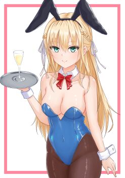  1girl absurdres alternate_costume animal_ear_hairband animal_ears aqua_eyes arm_at_side bare_shoulders black_hairband blonde_hair blue_leotard blush bow bowtie braid breasts brown_pantyhose cleavage closed_mouth collarbone commentary_request covered_navel cowboy_shot detached_collar eyelashes eyes_visible_through_hair fake_animal_ears hair_between_eyes hair_ribbon hairband half_up_braid hand_up heaven_burns_red highleg highleg_leotard highres holding holding_tray large_breasts leotard long_hair looking_at_viewer pantyhose playboy_bunny rabbit_ear_hairband rabbit_ears red_bow red_bowtie ribbon simple_background sizmaru11 smile solo split_mouth straight_hair strapless strapless_leotard toujou_tsukasa tray very_long_hair white_background white_ribbon white_wrist_cuffs wrist_cuffs 