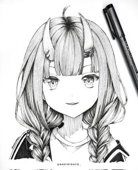  1girl ahoge braid braided_twintails commentary corrupted_twitter_file cropped_shoulders dot_nose english_commentary greyscale hair_over_shoulder highres hololive horns long_hair monochrome nakiri_ayame nakiri_virus parted_lips pen_(medium) photo_(medium) shirt skin-covered_horns smile solo traditional_media twin_braids twitter_username virtual_youtuber 
