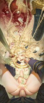 2boys absurdly_long_hair absurdres after_battle ahegao anal anus blonde_hair blood blood_in_hair cum ejaculating_while_penetrated ejaculation elden_ring elden_ring:_shadow_of_the_erdtree h.an_(516635864) highres long_hair miquella_(elden_ring) mouth_pull multiple_boys penis perineum planted planted_sword planted_weapon pov rape sex shota spread_legs starscourge_radahn sword tongue tongue_out torn_clothes trap uncensored very_long_hair weapon yaoi yellow_eyes rating:Explicit score:469 user:danbooru