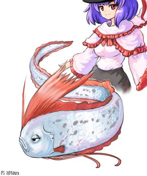  1girl absurdres black_headwear black_skirt capelet closed_mouth commentary dated english_commentary fish frilled_capelet frilled_shirt frills highres looking_at_viewer nagae_iku nagae_iku_(fish) oarfish pink_capelet pink_shirt profitwalrus purple_hair red_eyes shirt short_hair signature simple_background skirt touhou white_background 