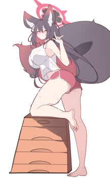  1girl absurdres alternate_costume amebrew animal_ear_fluff animal_ears barefoot black_hair blue_archive blush breasts colored_inner_hair commentary_request dolphin_shorts fox_ears fox_girl fox_tail gradient_hair halo highres large_breasts long_hair looking_at_viewer looking_back midriff_peek multicolored_hair on_vaulting_horse red_hair red_halo shirt shorts simple_background sleeveless sleeveless_shirt smile sweat tail vaulting_horse wakamo_(blue_archive) white_background yellow_eyes 