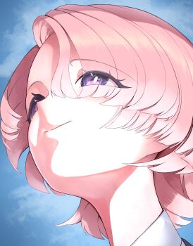  arimura_mao blue_sky commentary_request from_below gakuen_idolmaster haku464646 highres idolmaster meme pink_hair purple_eyes short_hair sky smile solo upward_angle_frieren_drawing_(meme) 