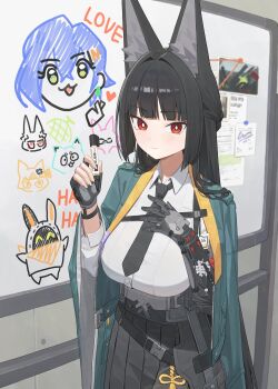  1girl animal_ear_fluff animal_ears aqua_jacket arm_out_of_sleeve asaba_harumasa bangboo_(zenless_zone_zero) belle_(zenless_zone_zero) black_hair black_necktie black_skirt blunt_bangs breasts bright_pupils closed_mouth collared_shirt commentary crro english_text fingerless_gloves fox_ears fox_girl gauntlets gloves hand_on_own_chest heart highres holding holding_marker hoshimi_miyabi jacket large_breasts light_blush long_hair long_skirt looking_at_viewer marker necktie orange_eyes shirt single_fingerless_glove single_gauntlet skirt solo soukaku_(zenless_zone_zero) tsukishiro_yanagi very_long_hair white_pupils white_shirt whiteboard wide_sleeves zenless_zone_zero 