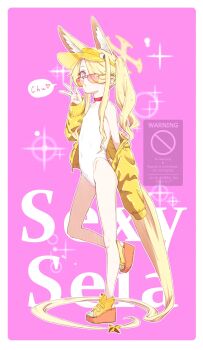 1girl absurdly_long_tail adversarial_noise animal_ear_fluff animal_ears bare_shoulders blonde_hair blue_archive border clothing_cutout covered_erect_nipples covered_navel cross_halo diamond_cutout english_text extra_ears feet fingernails flat_chest fox_ears fox_girl fox_tail full_body hair_over_one_eye halo hand_up heart highleg highleg_one-piece_swimsuit highres jacket kbrg loli long_hair long_sleeves looking_at_viewer nail_polish off_shoulder official_alternate_costume official_alternate_hairstyle one-piece_swimsuit one_eye_covered paid_reward_available parted_lips pink_background pink_eyes sandals seia_(blue_archive) seia_(swimsuit)_(blue_archive) side_ponytail solo sparkle speech_bubble spoken_heart standing standing_on_one_leg sunglasses swimsuit tail tail_ornament thighs tinted_eyewear toenail_polish toenails toes twintails very_long_hair visor_cap w watermark white_border white_one-piece_swimsuit yellow_halo yellow_jacket yellow_sandals yellow_visor