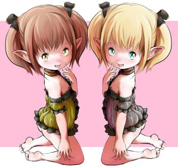  2girls ass barefoot blonde_hair blush bottomless brown_hair choker female_focus final_fantasy final_fantasy_xiv flat_chest full_body kneeling lalafell loli looking_at_viewer moocharuto multiple_girls open_mouth pointy_ears short_hair simple_background smile  rating:Questionable score:60 user:Fuckyou357853