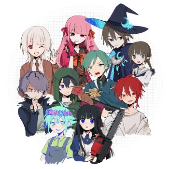  ;d annotated antenna_hair aqua_cape aqua_eyes aqua_hair aqua_necktie aya_drevis basil_(headspace)_(omori) basil_(omori) black_hair black_shirt blue_cape blue_eyes blue_jacket blunt_bangs bow bra_strap braid brown_cardigan brown_hair brown_necktie cape cardigan chainsaw collared_shirt crossover double-parted_bangs dress dress_shirt end_roll frilled_gloves frills funamusea garry_(ib) gender_request gloves green_eyes green_hair green_jacket green_shirt grey_eyes grey_hair grey_overalls hair_between_eyes hair_bow hair_ribbon hand_up head_wreath high_collar highres holding holding_chainsaw hood hood_up ib_(kouri) jacket jewelry long_hair long_sleeves looking_at_viewer mad_father maeno_aki medium_hair meikai_(funamusea) monkey multiple_boys multiple_girls nabob necklace necktie off_shoulder omori one_eye_closed oounabara_to_wadanohara open_mouth orange_ribbon overalls pendant pink_bow pink_dress pink_eyes pink_gloves pink_hair pink_ribbon pointy_ears red_eyes red_hair ribbon roland_(toh) saihate_eki sailor_collar sailor_shirt shirt short_hair short_sleeves side_braid side_braids smile swept_bangs tabasa_mcneil tatsunami_shion torn_clothes torn_jacket tower_of_hanoi turtleneck twin_braids upper_body wadanohara white_hair white_shirt witch's_heart zeno_(game) zizel_(witch's_heart) 