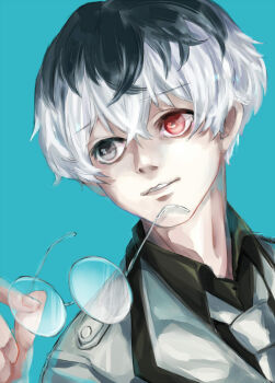  1boy black_eyes black_hair blue_background collared_shirt commentary_request crossed_bangs glasses hair_between_eyes heterochromia holding holding_removed_eyewear jacket kaneki_ken male_focus multicolored_hair necktie parted_lips port red_eyes rimless_eyewear sasaki_haise shirt shishi_(eai_make) simple_background smile solo tokyo_ghoul tokyo_ghoul:re two-tone_hair unworn_eyewear white_hair white_jacket white_necktie 
